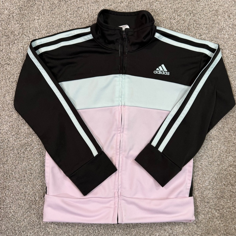 Adidas Track Jacket Kids 3T Pink Mint Black Colorblock Zip Up Athletic Outerwear